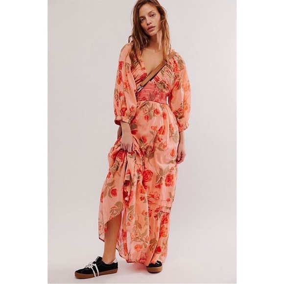 NWOT Free People Golden Hour Pink Floral Multicolor Long Sleeve Boho Maxi Dress - Picture 1 of 7